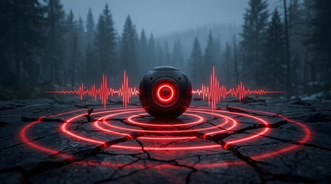 Mysterious black sphere emitting glowing red concentric shockwave rings and a pulsing sound waveform across cracked dark ground in a foggy pine forest at night, dark sci-fi scene
