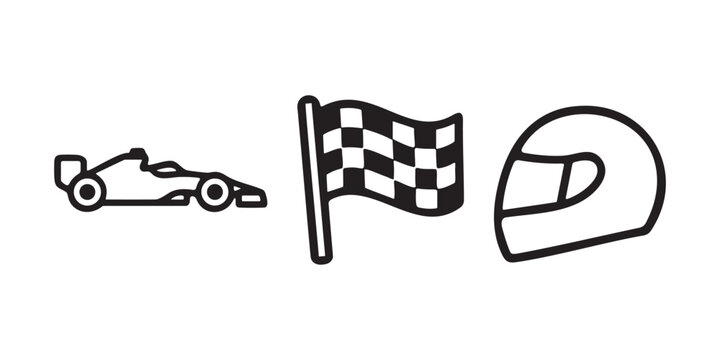 Auto racing and motorsport vector line icons set including Formula 1 car, checkered flag, and racing helmet isolated on white background

