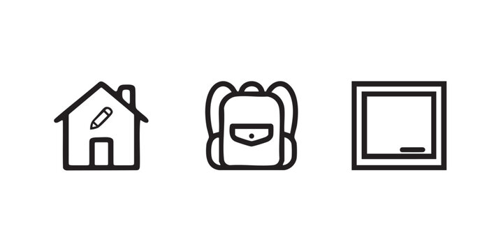 School and education vector line icons set including schoolhouse with pencil, backpack, and blackboard isolated on white background

