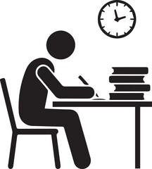 Fototapeta premium Minimalist black vector icon of a person sitting at a desk writing next to a stack of books and a wall clock