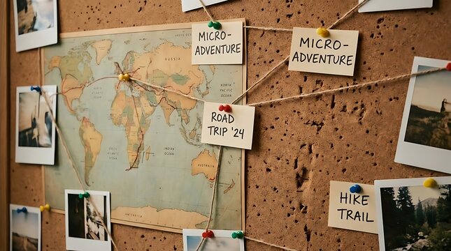Travel planning corkboard with map photos and notes for adventures