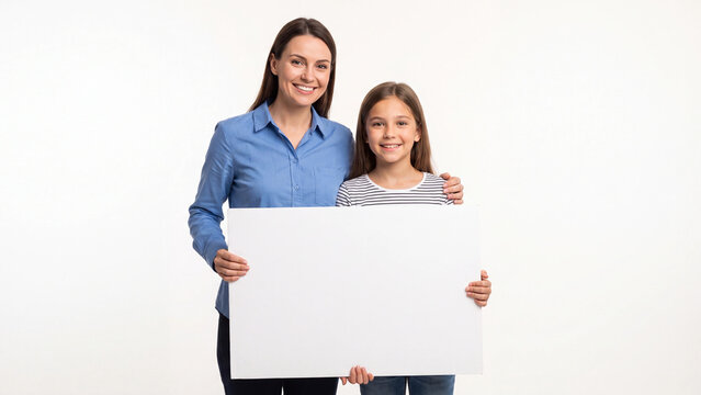 Mother and daughter hold a large blank white board together to display a promotional message or advertisement in this friendly studio portrait.