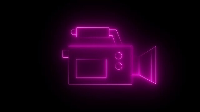 Glowing neon video-camera icon isolated on black background. HD Video motion graphic animation. Glowing neon line video camera icon animation.4k motion video.