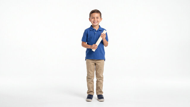 Schoolboy holds a rolled white paper scroll while standing against a plain backdrop that offers enough copy space for professional text or branding integration needs.