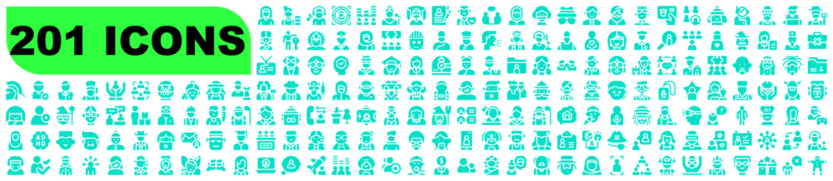 Extensive collection of turquoise persona icons and user avatars for web interface on transparent background