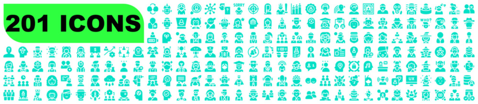 Diverse set of turquoise character icons and user avatars for digital applications on transparent background