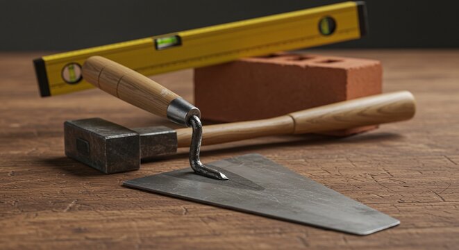 Masonry tools including a trowel, hammer, and level, next to a brick on a wooden surface.Concept of construction work and bricklaying.