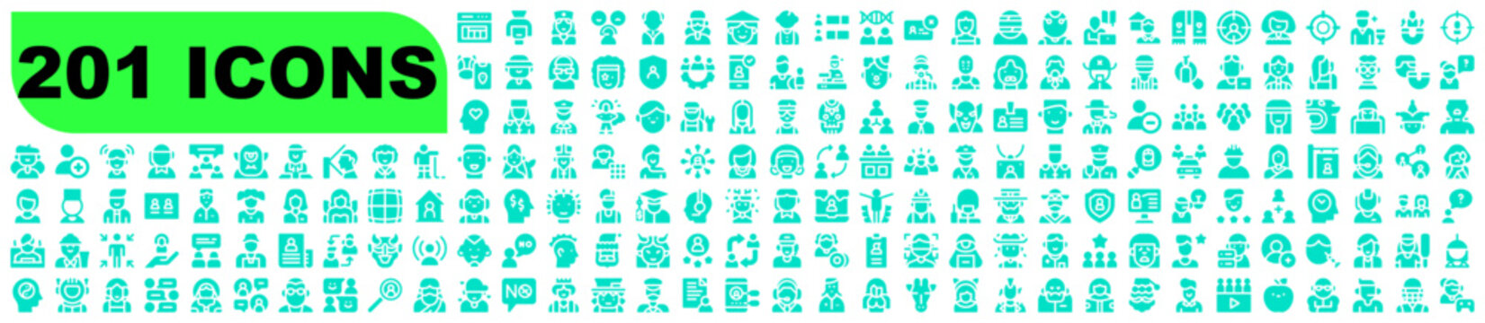 Comprehensive turquoise user avatar and persona icon set for corporate and creative projects on transparent background