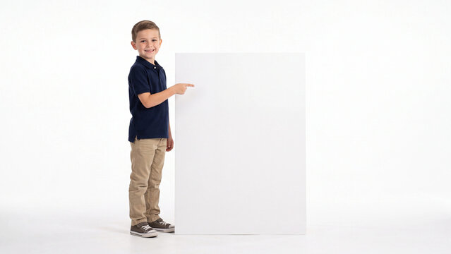 Schoolboy points toward a large white rectangular board that provides substantial copy space for custom promotional messaging or educational announcements in a studio setting.