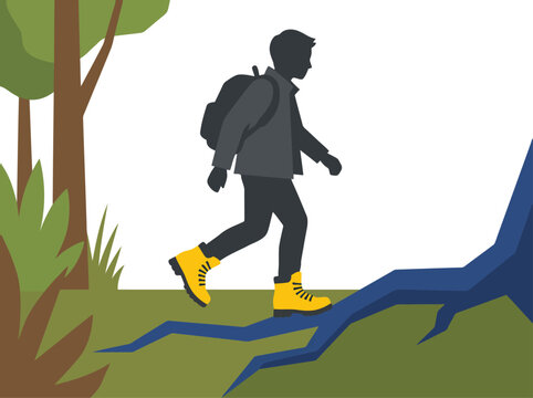 A silhouetted hiker wearing protective footwear navigates uneven terrain in a forest setting. Flat vector illustration showcasing durable footwear for outdoor adventures.