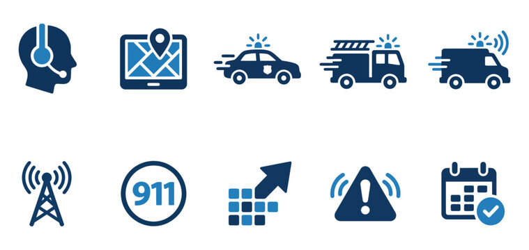Set of emergency service icons featuring police car fire truck ambulance dispatch and 911 communication Minimal solid fill icon set bundle collection. Editable Vector Illustration Mega pack