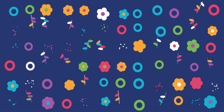 Colorful flat flower and circle pattern on dark blue background
