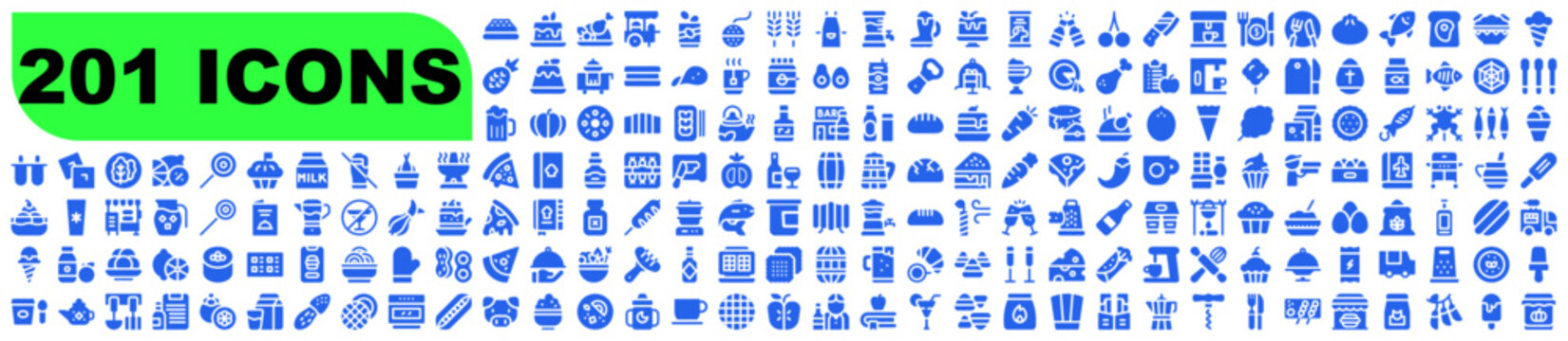 Large collection of blue food and beverage vector icons for restaurant and kitchen menus on transparent background
