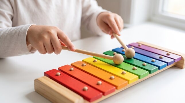 Close up of child hands playing a colorful wooden xylophone with mallets, xylophone