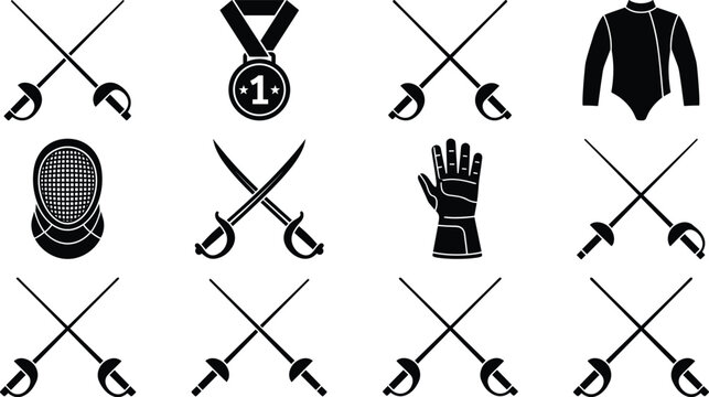 Flat Fencing Sports Icons Set with Crossed Swords Medal Glove and Protective Equipment