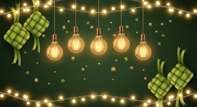 Eid Mubarak background with ketupat and lights. Islamic festive greeting card design.