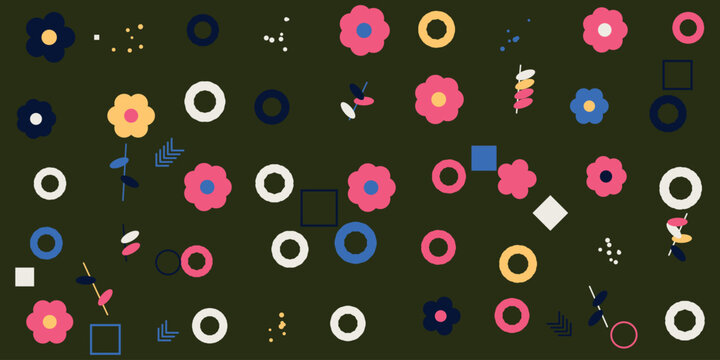 Abstract floral pattern with colorful flowers and geometric shapes on a dark background