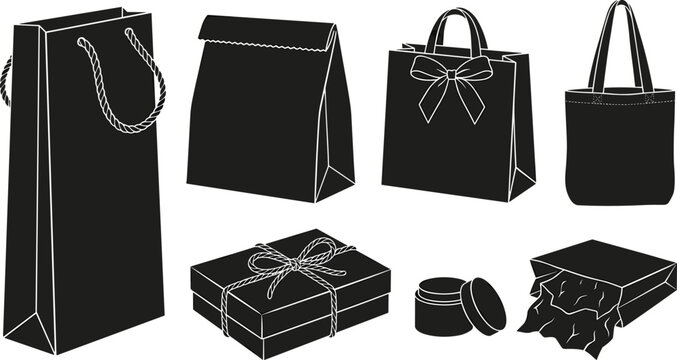Shopping Bags and Gift Packaging Vector Icon Set Featuring Paper Bags Tote Box with Ribbon Bow Jar and Tissue Paper Silhouette Graphics for Retail E-commerce and Present Layouts
