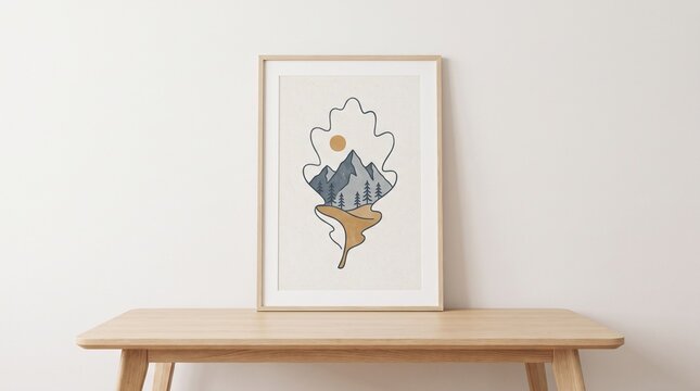 Minimalist oak leaf silhouette with mountain landscape pine trees sun and lake boho botanical illustration