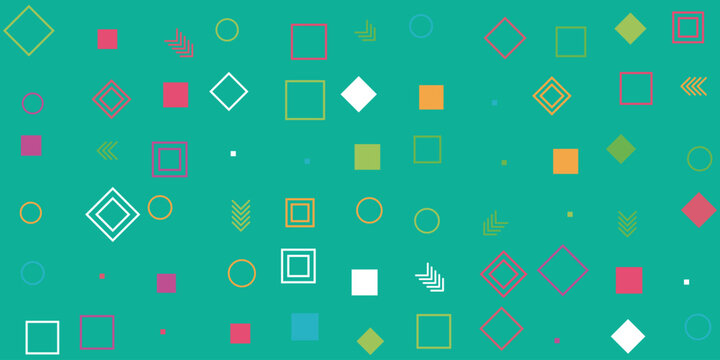 Abstract geometric pattern with colorful squares and circles on a green background