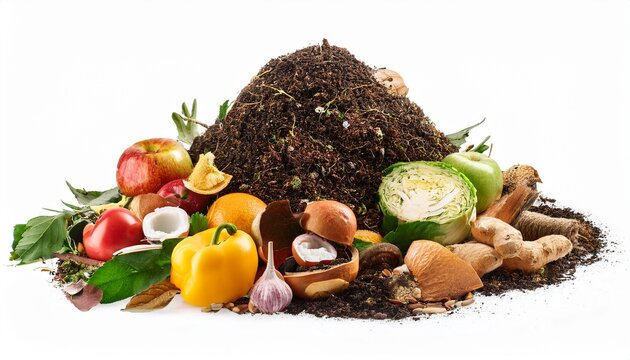 pile of organic waste and compost ingredients as cutout isolated on white background