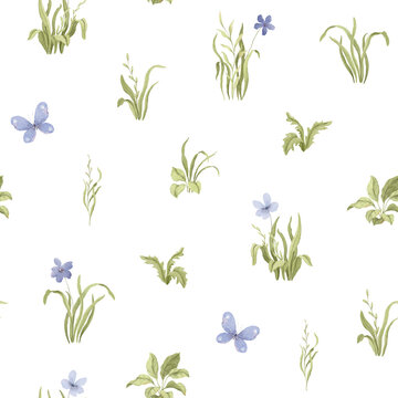Watercolor seamless pattern with green grasses, blue flowers and flying butterflies. Delicate print for cute wallpapers, background or home textile. Hand-drawn illustration.