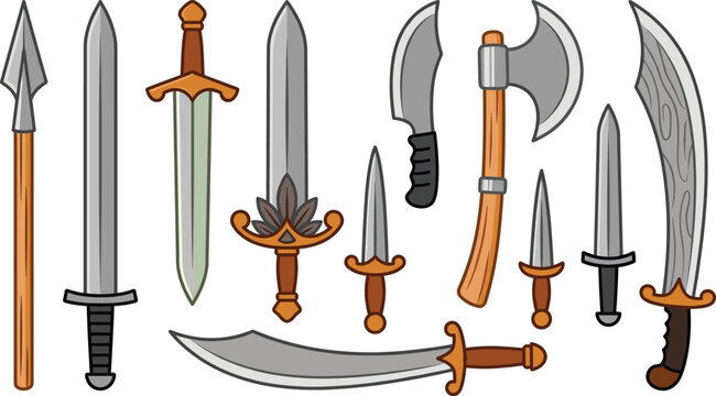 Flat Vector Medieval Weapons Collection with Swords Axe Spear Daggers and Fantasy Blades