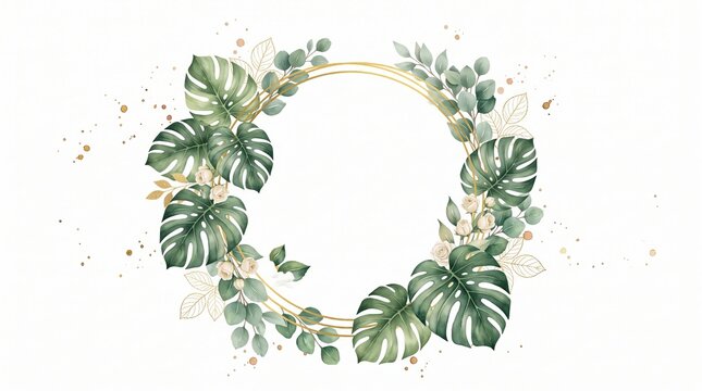 Elegant watercolor wedding invitation template featuring a geometric eucalyptus botanical frame with tropical greenery leaves and foliage