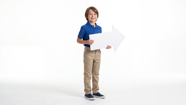 Schoolboy holds a large white directional arrow sign to demonstrate guidance and direction for educational programs or marketing projects in a studio setting.