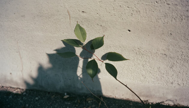 Green plant branch casting shadow on concrete wall for eco branding