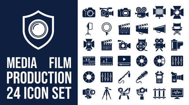 Media Film Production Icon Set: A collection of 24 diverse icons representing various elements of media and film production, including cameras, film reels, clapperboards, spotlights.