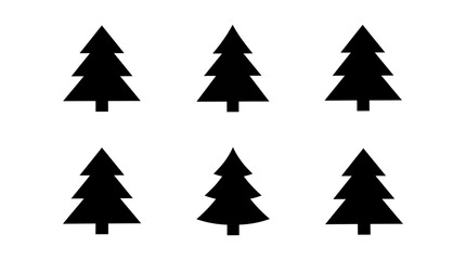 Obraz premium Set of six simple black pine tree silhouettes in various shapes isolated on a white background, for forest