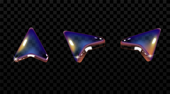Glossy translucent 3D cursor arrows with iridescent reflections isolated on transparent background
