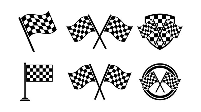 Set of six checkered racing flag featuring single flags, crossed flags, and flags within shields and circles on a white background