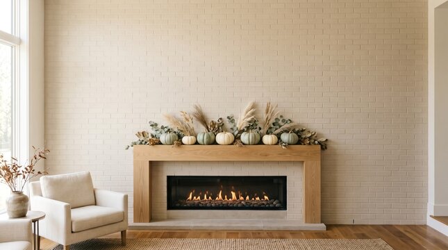 Modern Fireplace Mantle with Autumn Pumpkin Decor