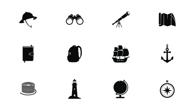 Minimalist black with showcasing vintage inspired exploration navigation themed icons clean displays collection nine stylized black silhouettes plain background