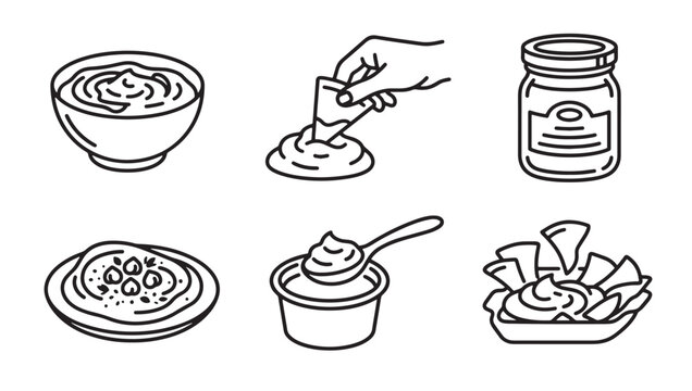 Hummus and dip snack food vector illustration set with appetizer tortilla garbanzo chickpea vegetarian monochrome collection illustration isolated background