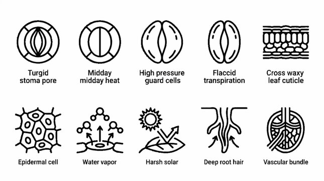 A collection of botanical and biological line art icons illustrating plant anatomy and physiological processes.