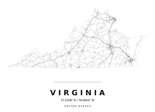 Virginia Minimalist Highway Map Silhouette Poster, Black and White