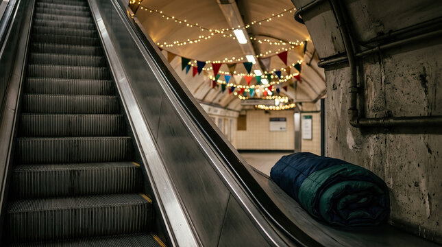 Escalator in subway station decorated with colorful flags and string lights, with rolled sleeping bag resting on side, creating quiet urban scene