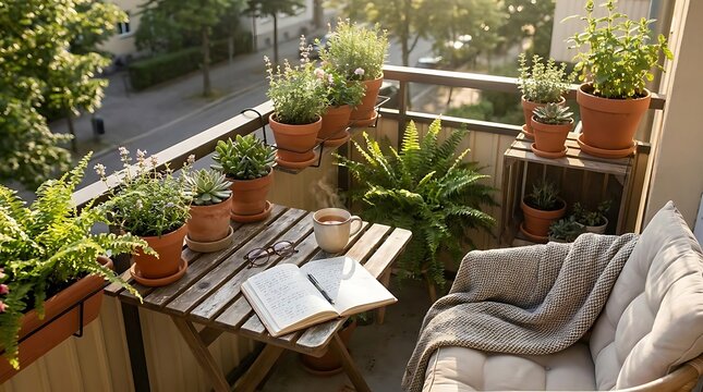 Sunlit balcony garden with book and wooden table.