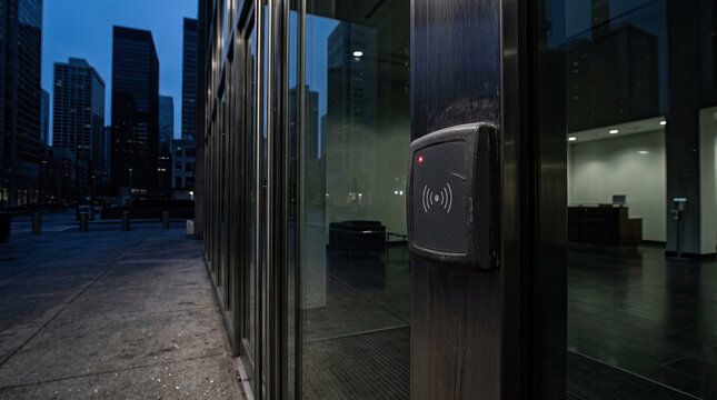 Office access card reader mounted on glass door in modern building entrance at night with city skyscrapers in background