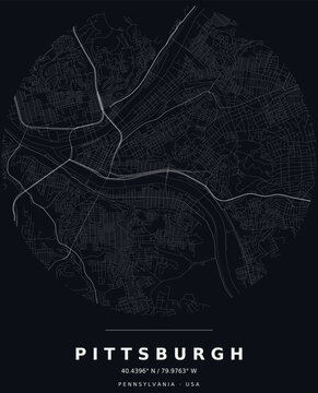 Pittsburgh PA Minimalist Street Map Circle Poster, White on Black