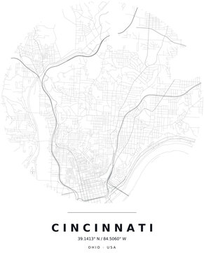 Cincinnati OH Minimalist Street Map Circle Poster, Black and White