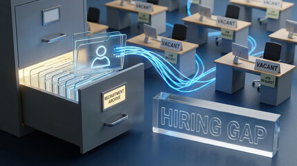 Recruitment archive drawer with digital profile icons and vacant office desks illustrating hiring gap and job request concept in modern workspace environment