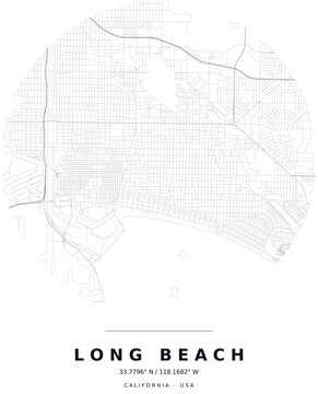 Long Beach CA Minimalist Street Map Circle Poster, Black and White