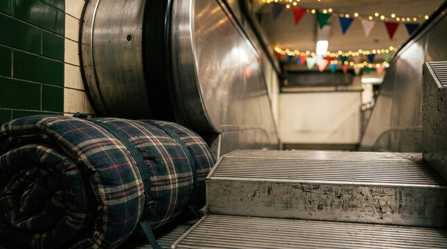 Rolled sleeping bag on subway escalator with festive lights and colorful flags in background creating cozy urban atmosphere