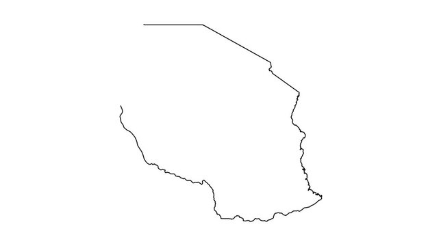 Outline map of tanzania animation, appearing on white background, black borders.