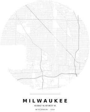 Milwaukee WI Minimalist Street Map Circle Poster, Black and White