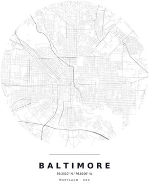Baltimore MD Minimalist Street Map Circle Poster, Black and White
